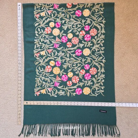 Green "Cashmere" Scarf with Chain Stitch Embroidery Flowers and Leaves - Picture 13 of 16